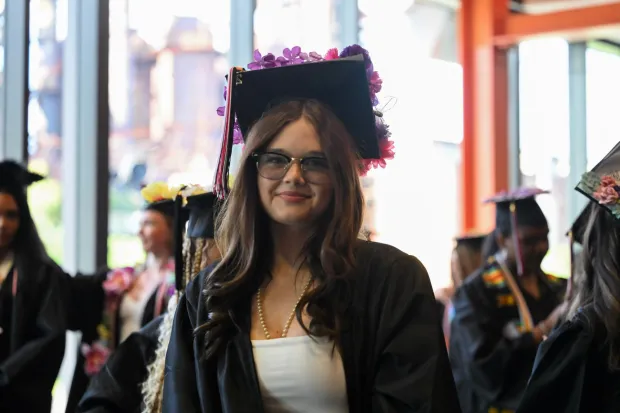 Lehigh Valley Charter High School for the Arts held its graduation Monday, June 8, 2026, at the ArtQuest Center at SteelStacks in Bethlehem. Students gathered on the second floor of the center before ascending to the third floor for the ceremony. (Avery Folmar/The Morning Call)