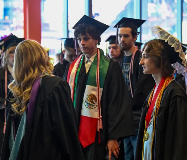 Lehigh Valley Charter High School for the Arts held its graduation Monday, June 8, 2026, at the ArtQuest Center at SteelStacks in Bethlehem. Students gathered on the second floor of the center before ascending to the third floor for the ceremony. (Avery Folmar/The Morning Call)