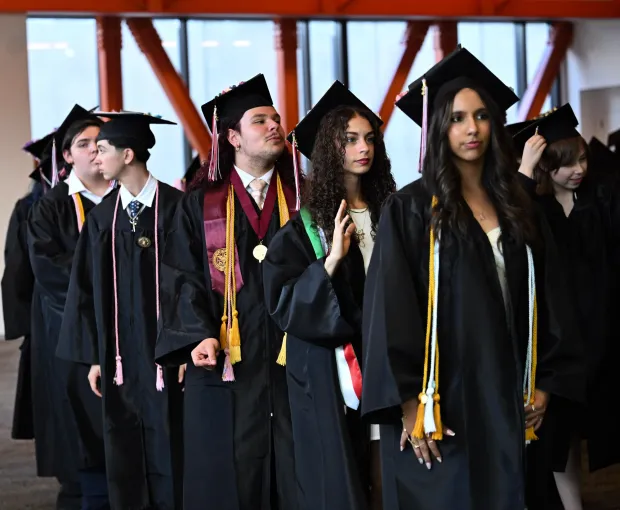Lehigh Valley Charter High School for the Arts held its graduation Monday, June 8, 2026, at the ArtQuest Center at SteelStacks in Bethlehem. Students gathered on the second floor of the center before ascending to the third floor for the ceremony. (Avery Folmar/The Morning Call)