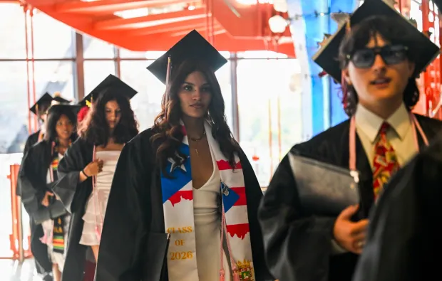 Lehigh Valley Charter High School for the Arts held its graduation Monday, June 8, 2026, at the ArtQuest Center at SteelStacks in Bethlehem. Students gathered on the second floor of the center before ascending to the third floor for the ceremony. (Avery Folmar/The Morning Call)