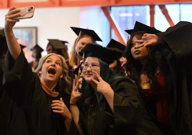 Lehigh Valley Charter High School for the Arts held its graduation Monday, June 8, 2026, at the ArtQuest Center at SteelStacks in Bethlehem. Students gathered on the second floor of the center before ascending to the third floor for the ceremony. (Avery Folmar/The Morning Call)