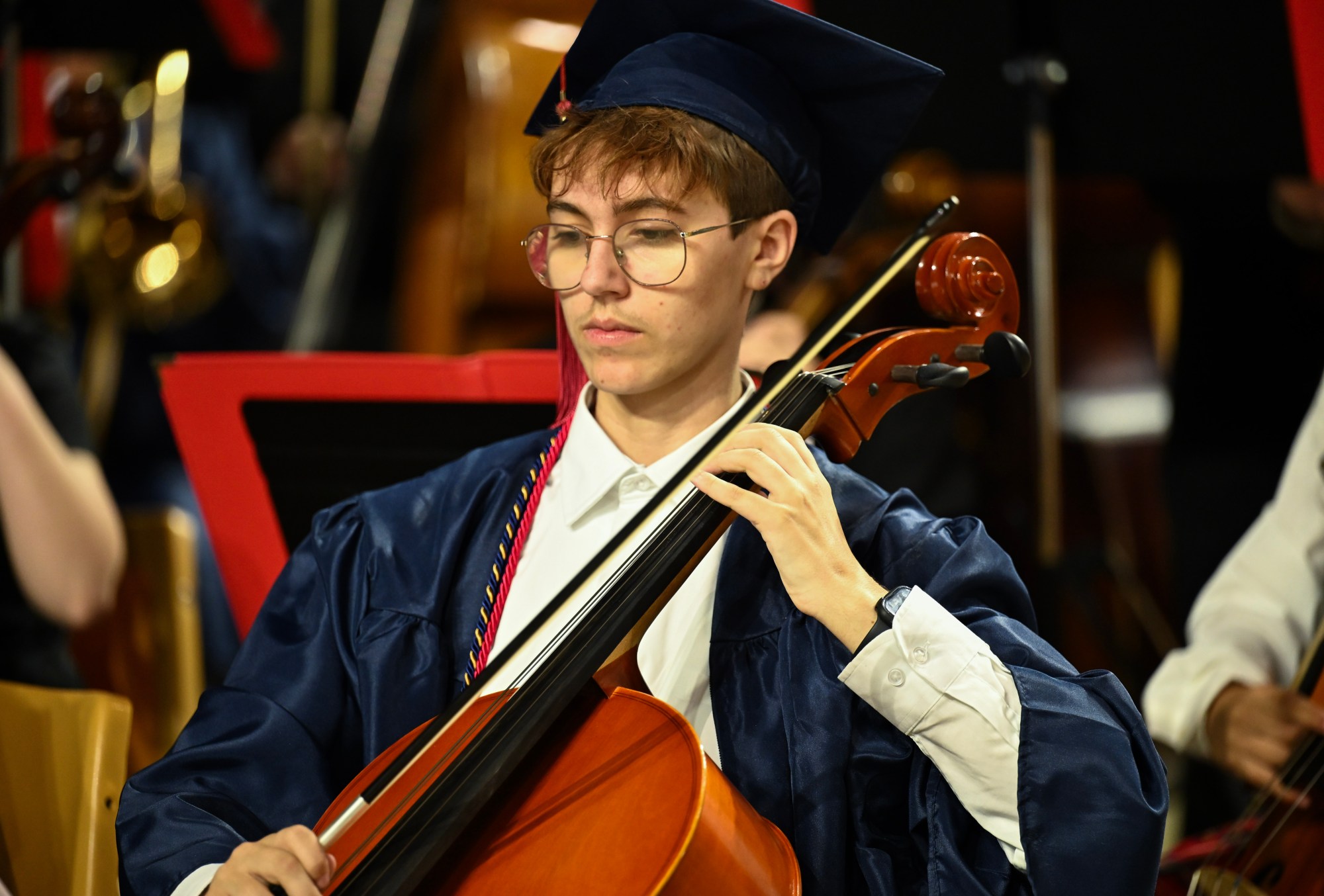 Liberty High School's marching band and orchestra performs at its graduation on Friday, June 5, 2026, at Stabler Arena in Bethlehem. Seniors in the band also performed, wearing their graduation caps and gowns. (Avery Folmar/The Morning Call)