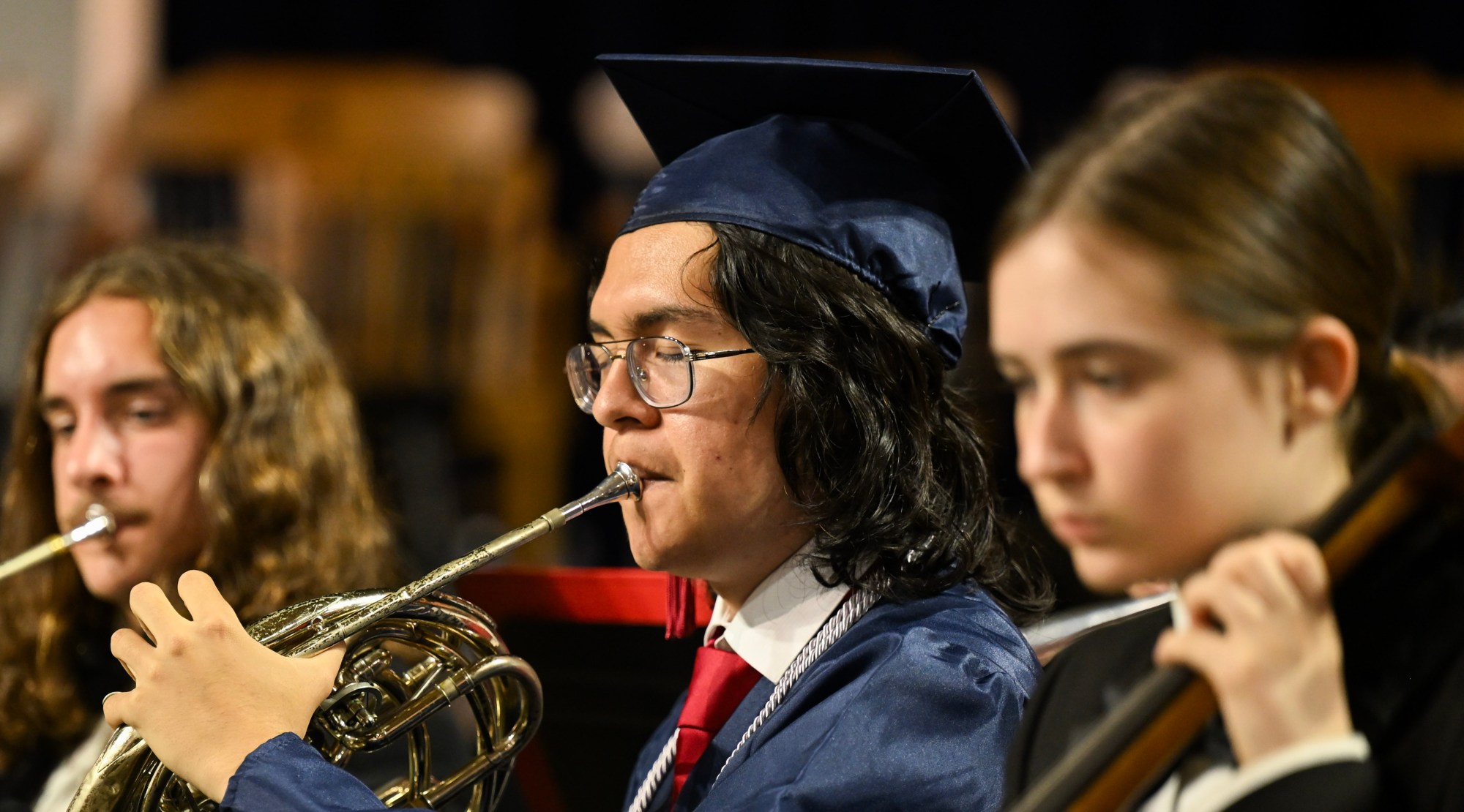 Liberty High School's marching band and orchestra performs at its graduation on Friday, June 5, 2026, at Stabler Arena in Bethlehem. Seniors in the band also performed, wearing their graduation caps and gowns. (Avery Folmar/The Morning Call)
