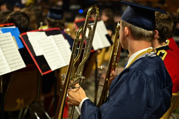 Liberty High School's marching band and orchestra performs at its graduation on Friday, June 5, 2026, at Stabler Arena in Bethlehem. Seniors in the band also performed, wearing their graduation caps and gowns. (Avery Folmar/The Morning Call)