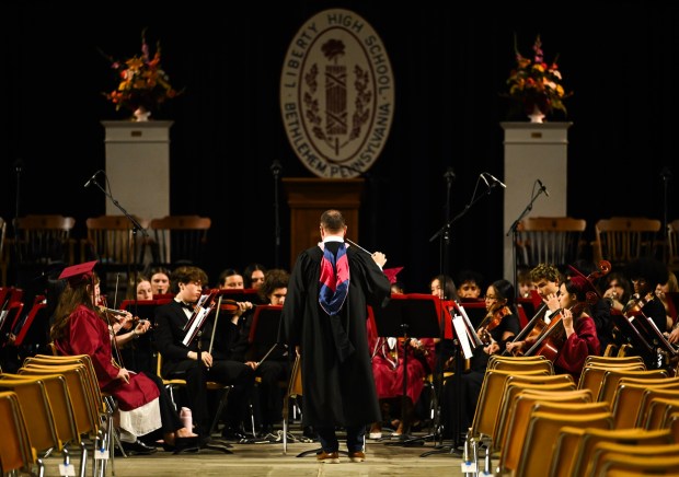 Liberty High School's marching band and orchestra performs at its graduation on Friday, June 5, 2026, at Stabler Arena in Bethlehem. Seniors in the band also performed, wearing their graduation caps and gowns. (Avery Folmar/The Morning Call)