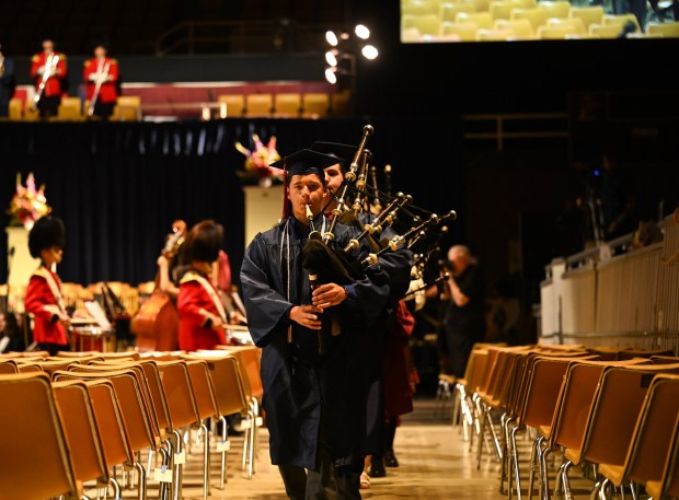 Liberty High School's marching band and orchestra performs at its graduation on Friday, June 5, 2026, at Stabler Arena in Bethlehem. Seniors in the band also performed, wearing their graduation caps and gowns. (Avery Folmar/The Morning Call)