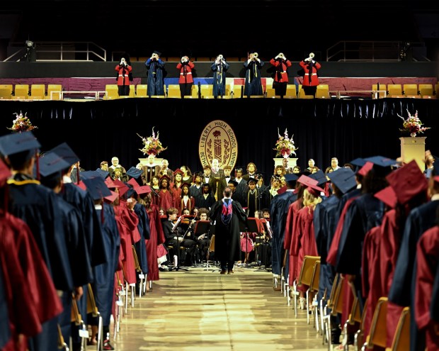 Liberty High School holds its graduation Friday, June 5, 2026, at Stabler Arena in Bethlehem. Students gathered in the hallways before lining up for their ceremony in the arena. (Avery Folmar/The Morning Call)