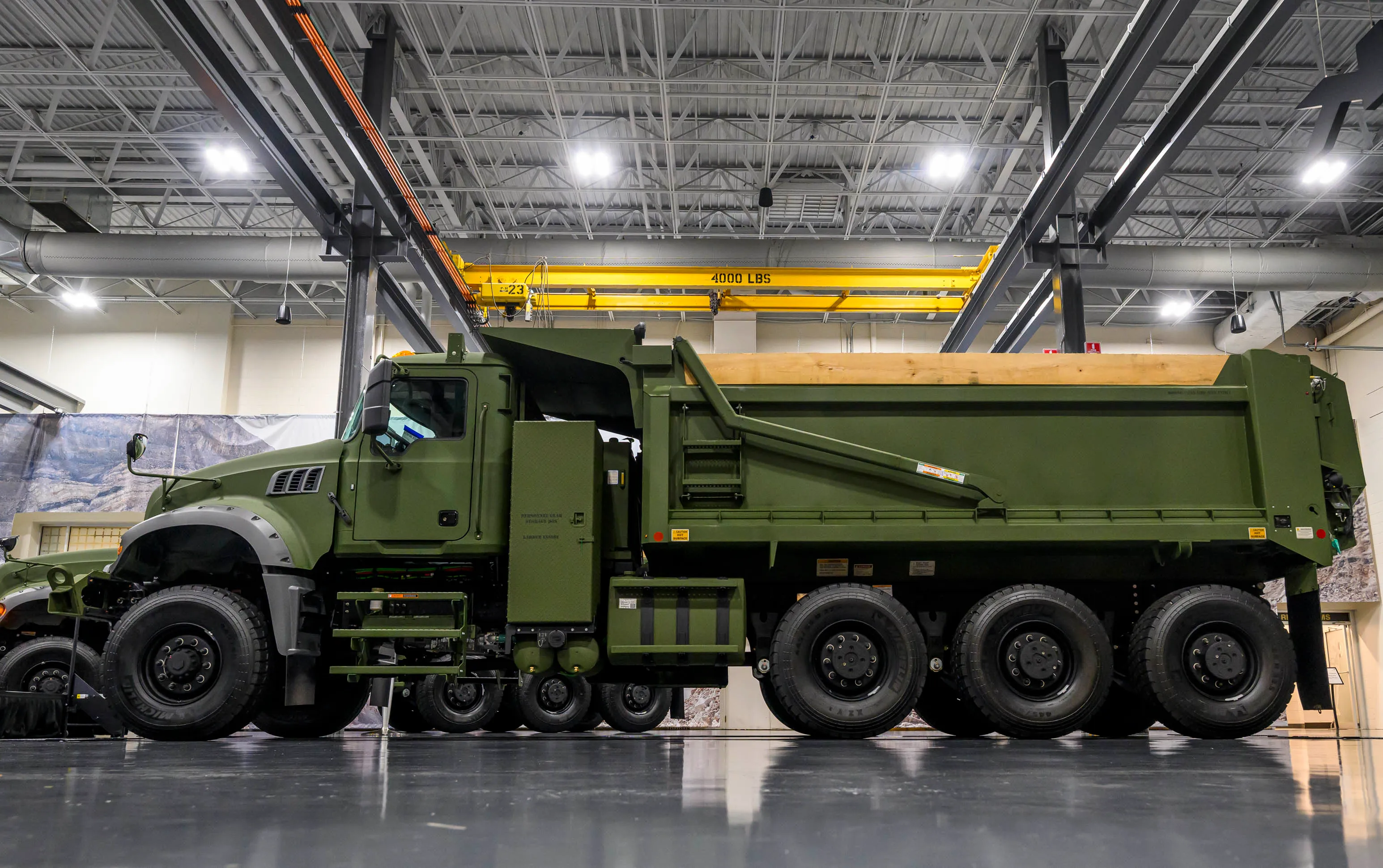 A view of a Mack Defense Heavy Dump Truck Friday,...