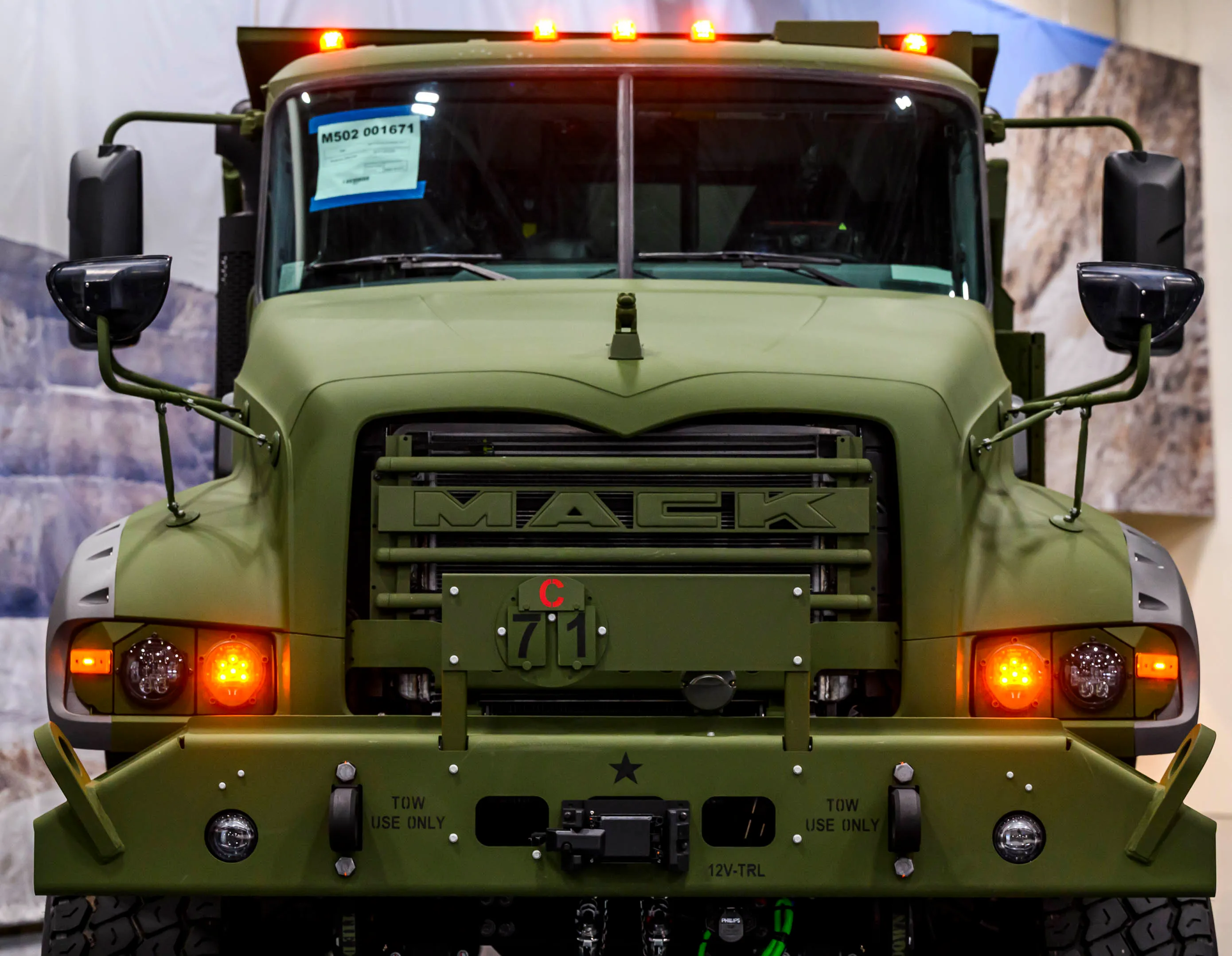 A view of a Mack Defense Heavy Dump Truck Friday,...