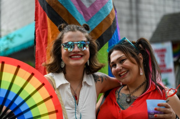 Kimberly Bydlon and Jac Eagle smile Sunday, June 14, 2026, at the Pride Party Palooza in Bethlehem. (Avery Folmar/The Morning Call)