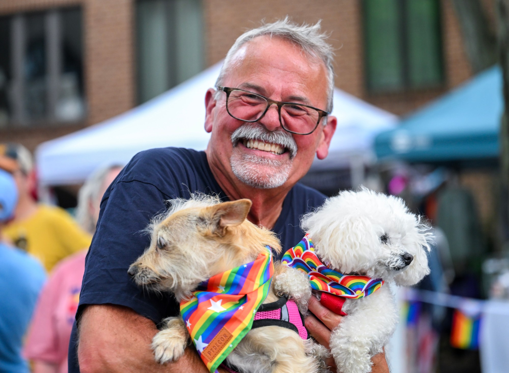 Brooks Hazing and his two dogs, Vivi and Sophie, show pride Sunday, June 14, 2026, at the Pride Party Palooza in Bethlehem. (Avery Folmar/The Morning Call)