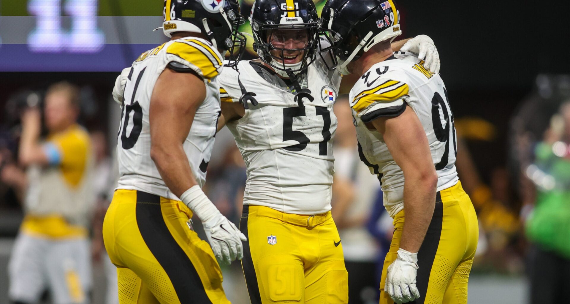 Sep 8, 2024; Atlanta, Georgia, USA; Pittsburgh Steelers linebacker Alex Highsmith (56) and linebacker Nick Herbig (51) and linebacker T.J. Watt (90) celebrate after a victory against the Atlanta Falcons at Mercedes-Benz Stadium.