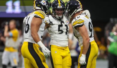 Sep 8, 2024; Atlanta, Georgia, USA; Pittsburgh Steelers linebacker Alex Highsmith (56) and linebacker Nick Herbig (51) and linebacker T.J. Watt (90) celebrate after a victory against the Atlanta Falcons at Mercedes-Benz Stadium.