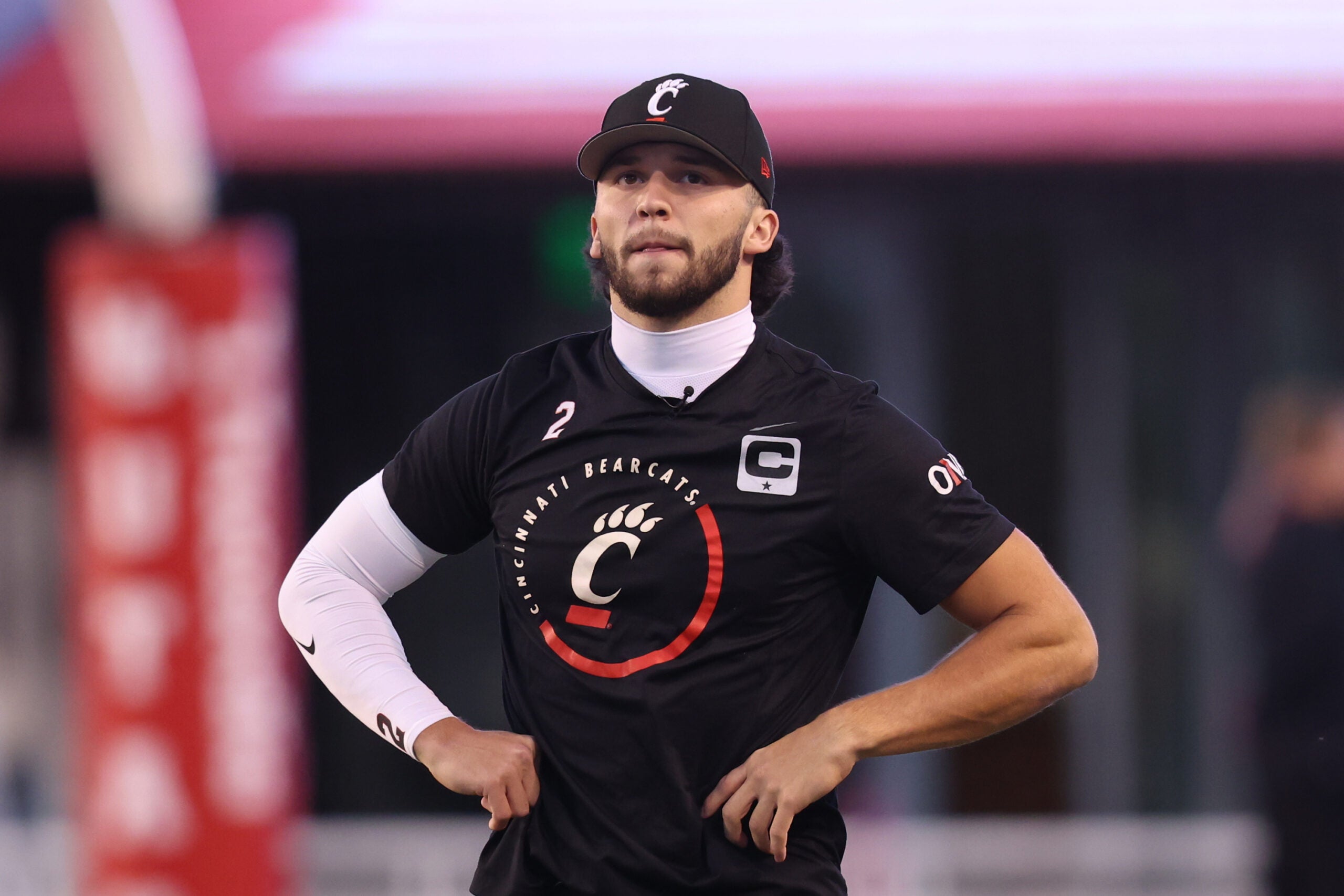 Nov 1, 2025; Salt Lake City, Utah, USA; Cincinnati Bearcats quarterback Brendan Sorsby (2) warms up before the game against the Utah Utes at Rice-Eccles Stadium.
