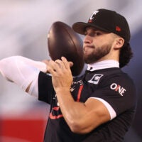 Nov 1, 2025; Salt Lake City, Utah, USA; Cincinnati Bearcats quarterback Brendan Sorsby (2) warms up before the game against the Utah Utes at Rice-Eccles Stadium.