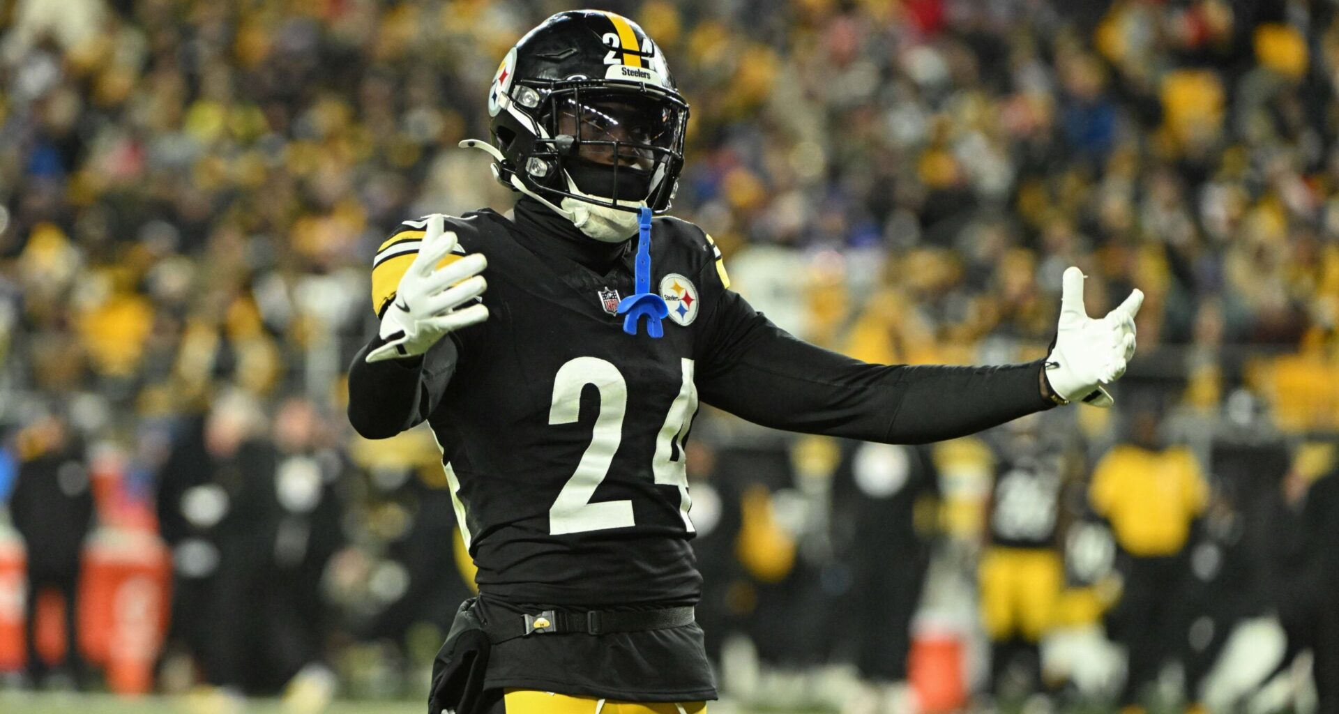 Nov 30, 2025; Pittsburgh, Pennsylvania, USA; Pittsburgh Steelers cornerback Joey Porter Jr. (24) reacts against the Buffalo Bills during the second half at Acrisure Stadium.