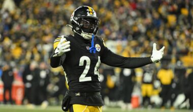 Nov 30, 2025; Pittsburgh, Pennsylvania, USA; Pittsburgh Steelers cornerback Joey Porter Jr. (24) reacts against the Buffalo Bills during the second half at Acrisure Stadium.
