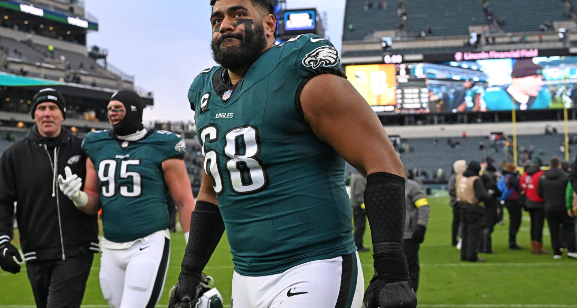 Dec 14, 2025; Philadelphia, Pennsylvania, USA; Philadelphia Eagles offensive tackle Jordan Mailata (68) walks off the field after win against the Las Vegas Raiders at Lincoln Financial Field.
