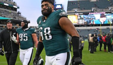 Dec 14, 2025; Philadelphia, Pennsylvania, USA; Philadelphia Eagles offensive tackle Jordan Mailata (68) walks off the field after win against the Las Vegas Raiders at Lincoln Financial Field.