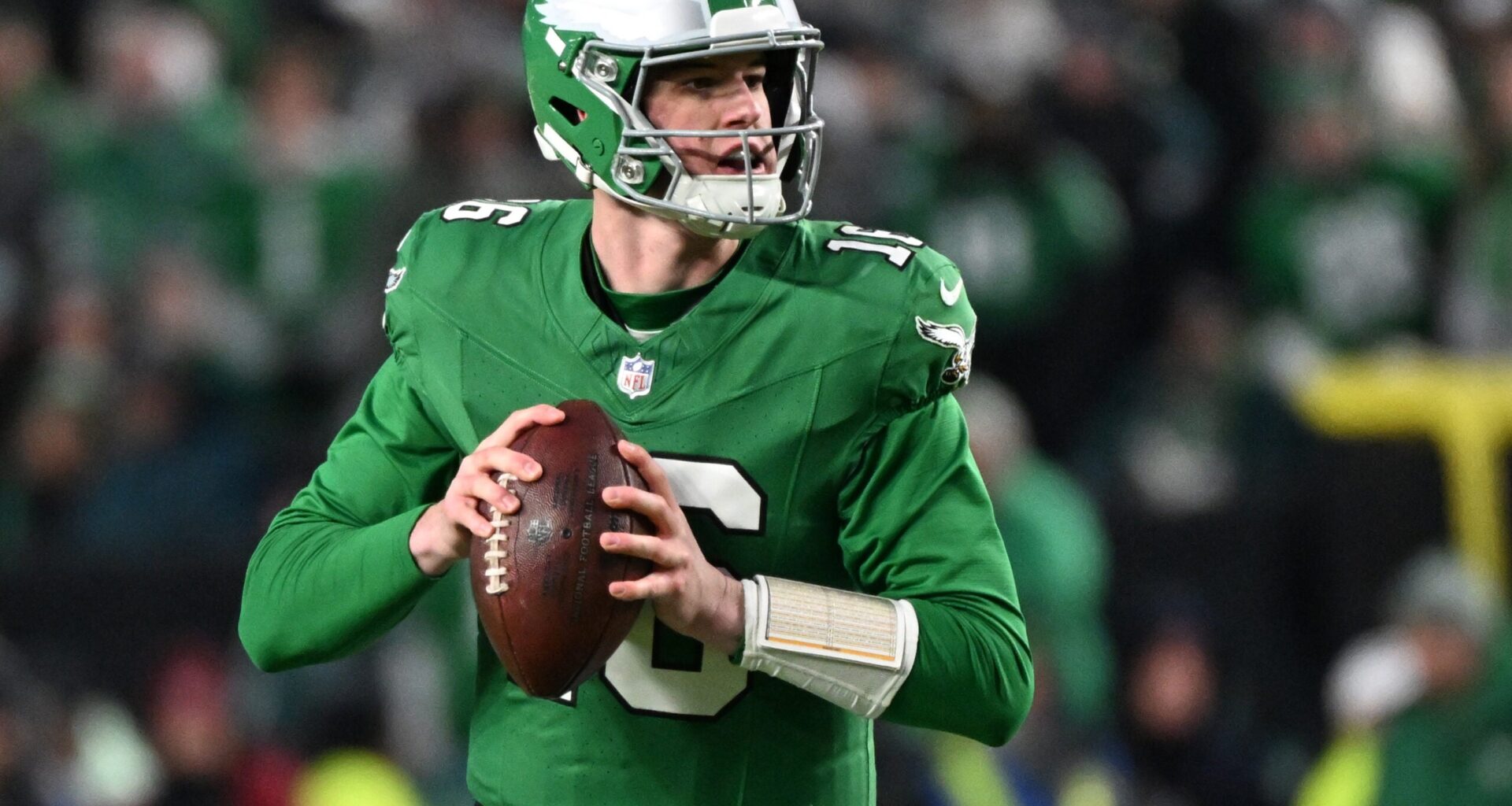 Jan 4, 2026; Philadelphia, Pennsylvania, USA; Philadelphia Eagles quarterback Tanner McKee (16) looks for a receiver against the Washington Commanders at Lincoln Financial Field.
