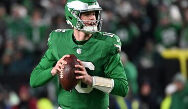 Jan 4, 2026; Philadelphia, Pennsylvania, USA; Philadelphia Eagles quarterback Tanner McKee (16) looks for a receiver against the Washington Commanders at Lincoln Financial Field.