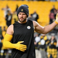 Jan 12, 2026; Pittsburgh, PA, USA; Pittsburgh Steelers linebacker T.J. Watt (90) warms up for an AFC Wild Card Round game against the Houston Texans at Acrisure Stadium.