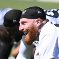 May 28, 2026; Henderson, NV, USA; Las Vegas Raiders defensive end Maxx Crosby (98) looks on during organized team activities at Intermountain Health Performance Center.