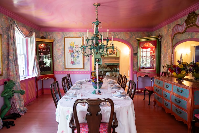 The dining room in Lindsay and Noel Carota’s home in Merion Station is full of color like the rest of their home.