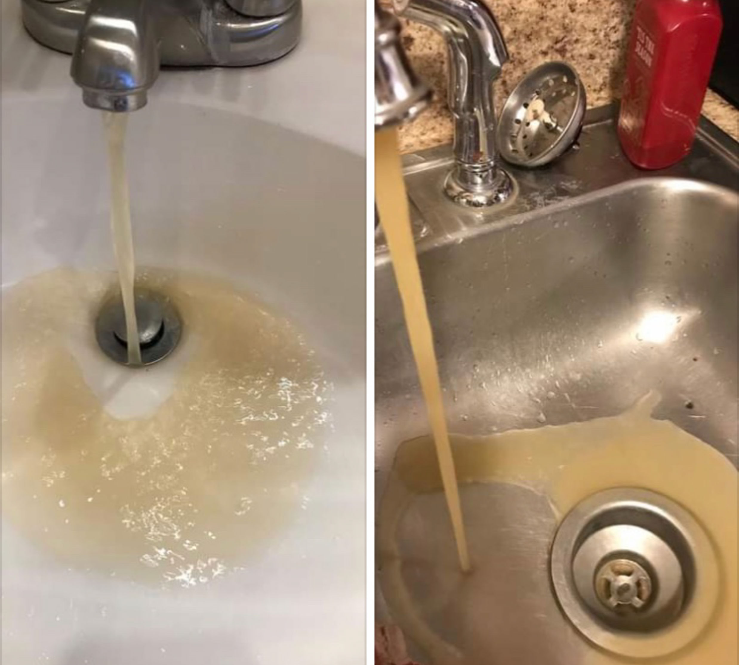 side by side images of brownish opaque water running from a kitchen or bathroom sink