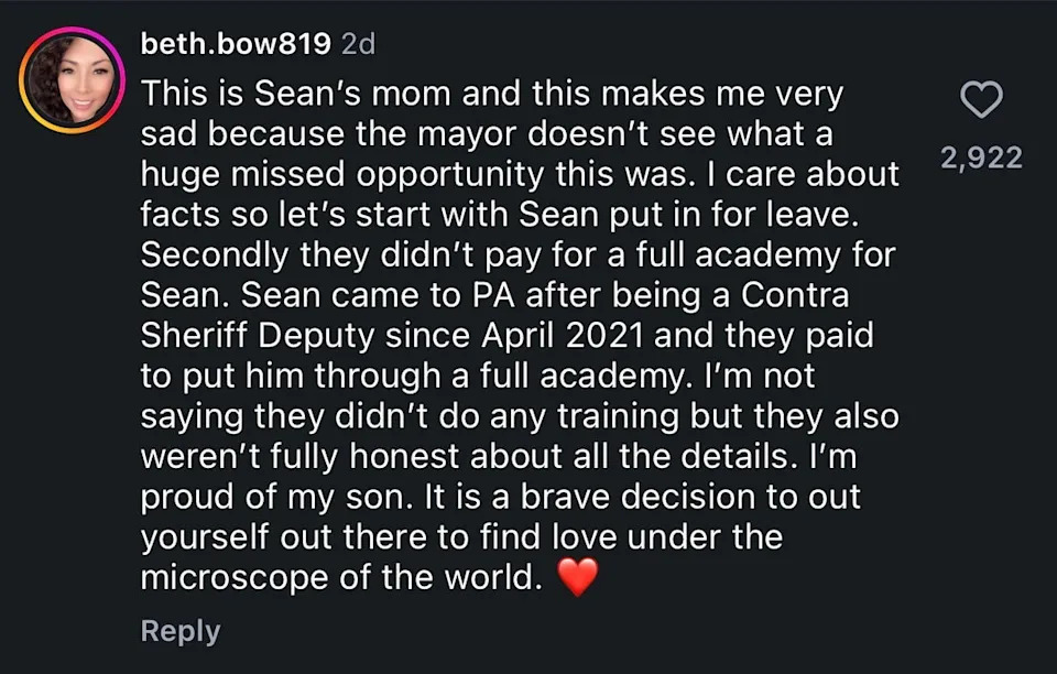 Comment from Sean's mom expressing disappointment in the mayor's decision and explaining Sean's academy background.
