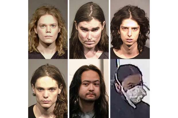 This combination of images from top left shows 2019 Sonoma County Sheriff's Office booking mug shots of Jack LaSota, Alexander Leatham, Emma Borhanian and, at bottom left, Gwen Danielson, court appearance of Maximilian Snyder and a Newport City Inn surveillance video image of Teresa Youngblut. They are associates of LaSota, also known as "Ziz" and members of a cultlike group known as the Zizians now tied to several alleged killings and deaths across the country. (AP Photo)