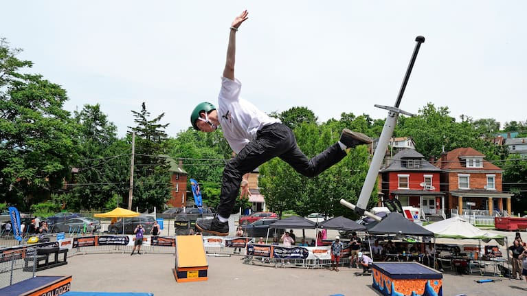 Extreme pogo athlete Duncan Murray of Ottawa, Canada, bails out of a trick during the Big Air competition.