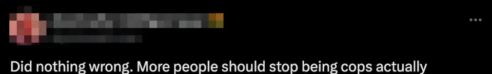 A tweet by a user saying, "Did nothing wrong. More people should stop being cops actually."
