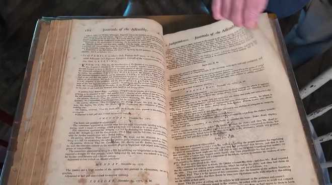 A Cumberland County historic re-enactor uncovered a rare journal from Pennsylvania's House of Representatives, dating back to 1776, at the Williams Grove Flea Market in March. a cumberland county historic re-enactor uncovered a rare journal from pennsylvania's house of representatives, dating back to 1776, at the williams grove flea market in march.
