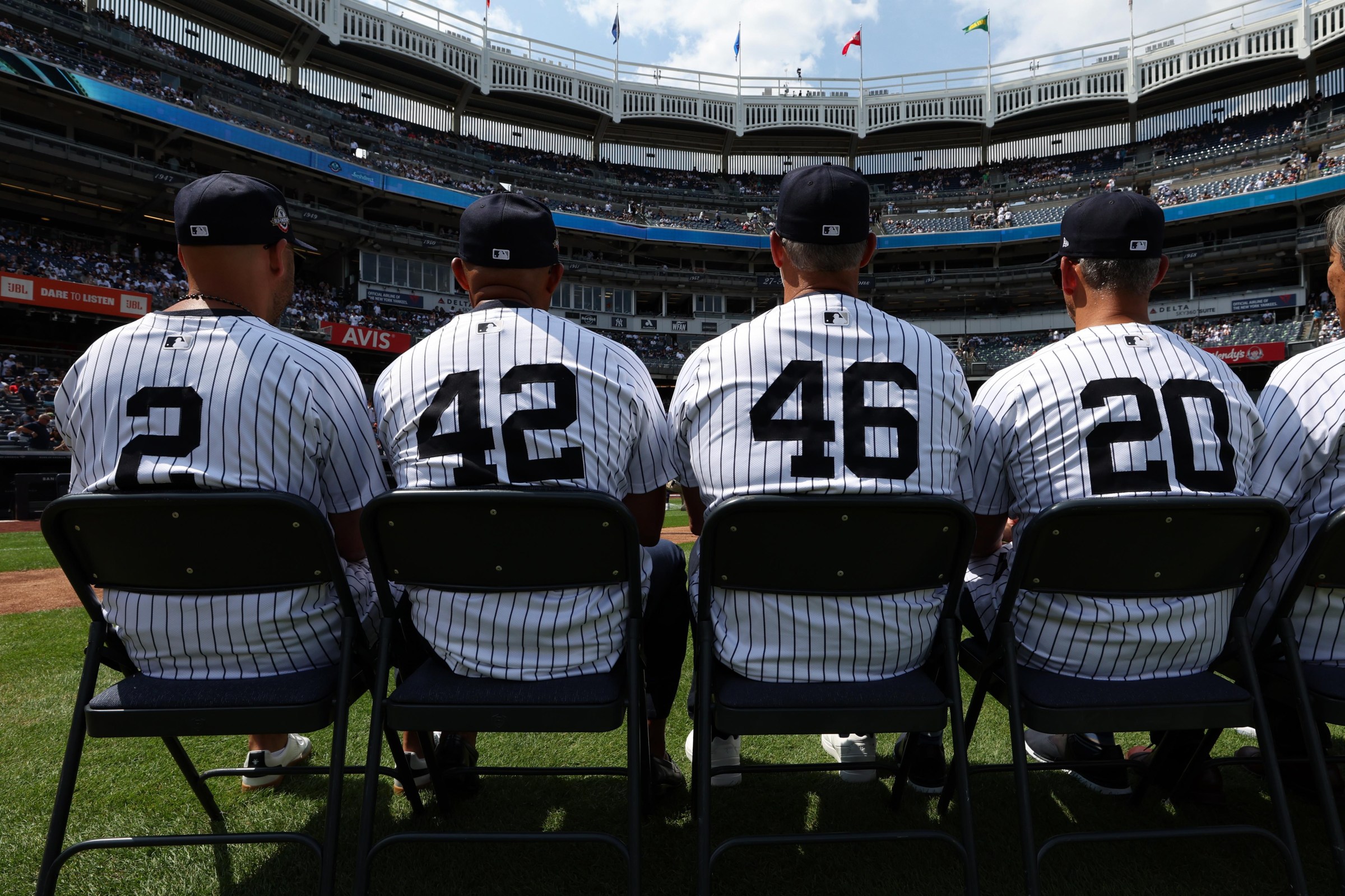 NEW YORK, NY - AUGUST 24: Derek Jeter, Mariano Rivera, Andy Pettitte and Jorge Posada look on during the New York Yankees Old Timers’ Day prior to the game against the Colorado Rockies at Yankee Stadium on August 24, 2024, in New York, New York. (Photo by New York Yankees/Getty Images)