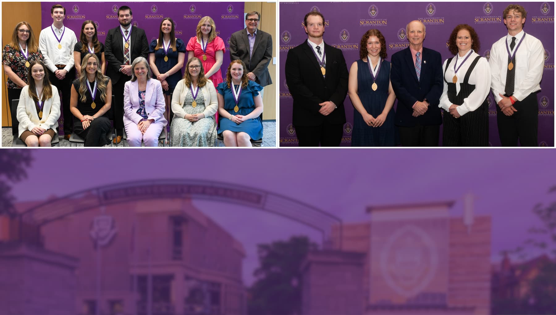 Two group portraits of medal recipients and staff posing in front of a purple University of Scranton step-and-repeat backdrop.