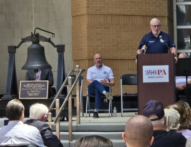 Local officials on Wednesday marked a historic milestone the ringing of the Berks County Liberty Bell 250 years ago. County Commissioner Michael Rivera speaks to a crowd gathered outside the Berks County Services Center in Reading. (KAREN SHUEY - READING EAGLE)