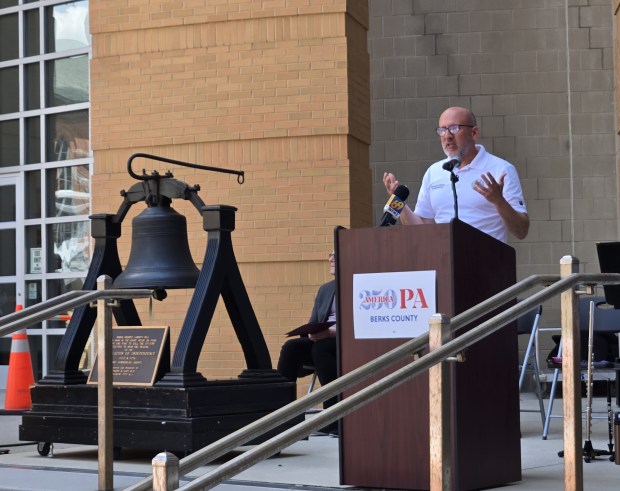County Commissioner Christian Leinbach speaks to a crowd gathered outside the Berks County Services Center in Reading Wednesday to celebrate the ringing of the Berks County Liberty Bell 250 years ago. (KAREN SHUEY - READING EAGLE)