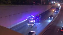 Drivers were being moved into one lane along I-76 through Center City Philly on Thursday morning after, officials say, a woman was struck while walking along the roadway.