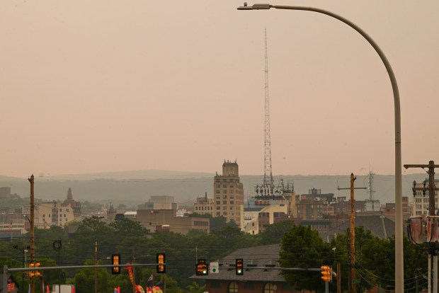 A view of Scranton from the Lackawanna Avenue Bridge Thursday, July 16, 2026. (SEAN MCKEAG / STAFF PHOTOGRAPHER)