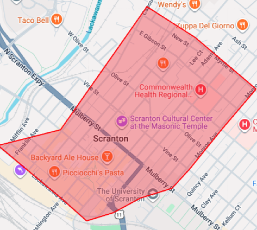 This map from Pennsylania American Water's website shows the area affected by a downtown Scranton water main break as of Friday afternoon, July 17, 2026.