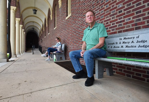 Billy West, of Scranton, looks on as he sits on a bench during St. Ann's Solemn Novena at St. Ann's Monestary and Shrine Basilica in Scranton Wednesday, July 22, 2026. (SEAN MCKEAG / STAFF PHOTOGRAPHER)