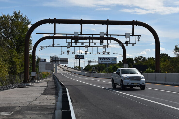 Pickup drives through automated toll cameras on the Pennsylvania Turnpike