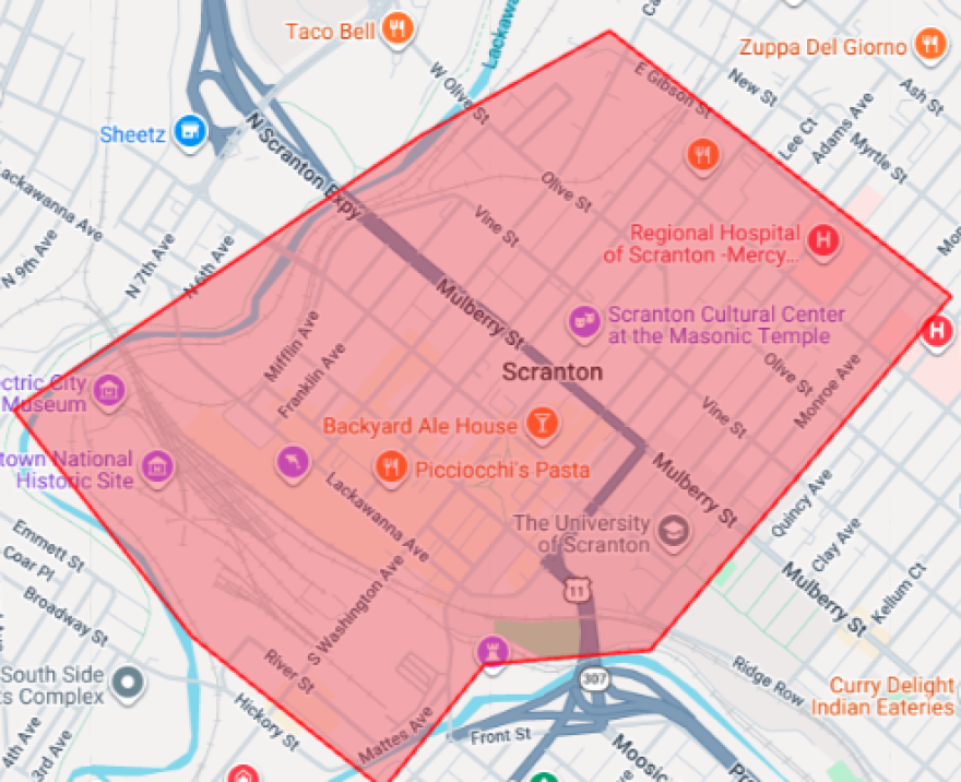 Pennsylvania American Water on Monday, July 27 said people in the shaded area may be affected by a downtown Scranton water main break and may experience a service interruption or low water pressure.