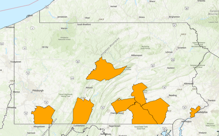 A map of Pennsylvania showing eight counties in orange.