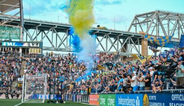 Philadelphia Union fans celebrate a goal scored against their rival, the New York Red Bulls