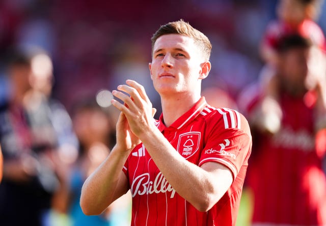 Elliot Anderson acknowledges supporters following a game for Nottingham Forest