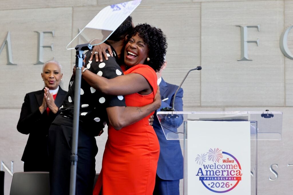 Philadelphia Mayor Cherelle Parker embraces actor and playwright Colman Domingo