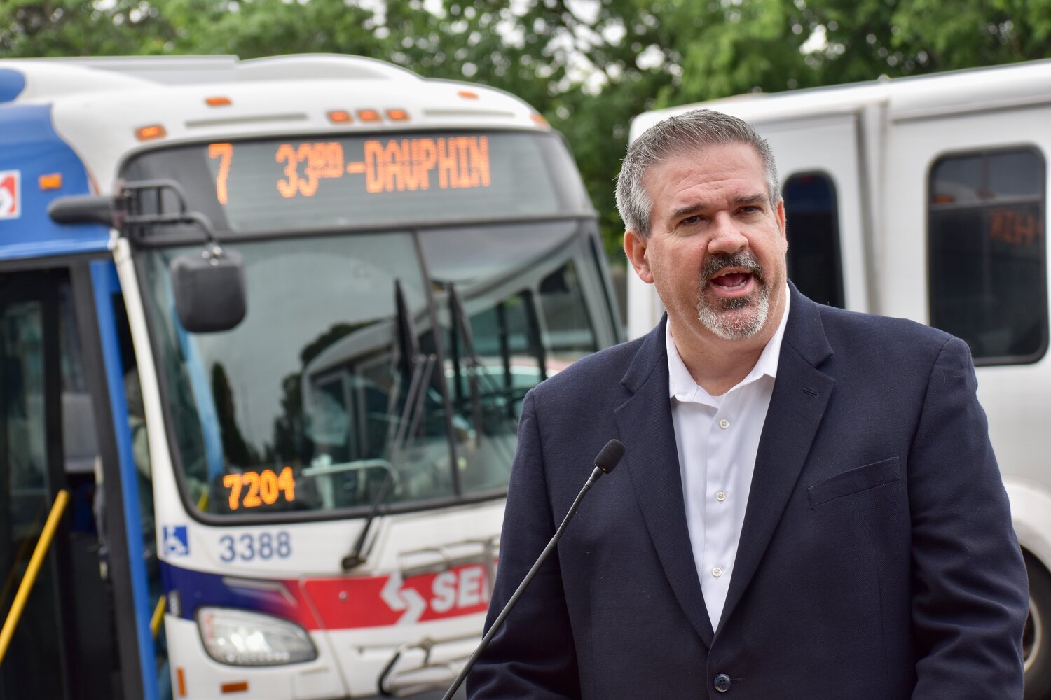 In this file photo, SEPTA General Manager Scott Sauer speaks about a pilot program to install arrival displays at bus stops Wednesday, May 27, 2026, in South Philadelphia.