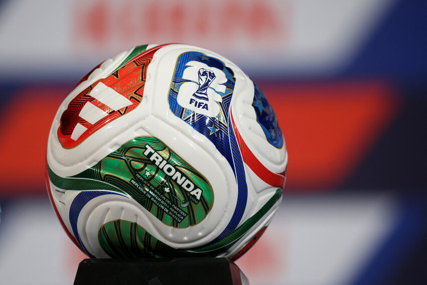 A replica of official Trionda match ball for FIFA World Cup 2026 is displayed ahead of the press conference